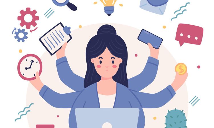 Depicts a woman juggling many things